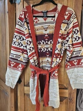 Aztec-Pattern Open Belted Cardigan Sweater in Red, Cream & Brown
